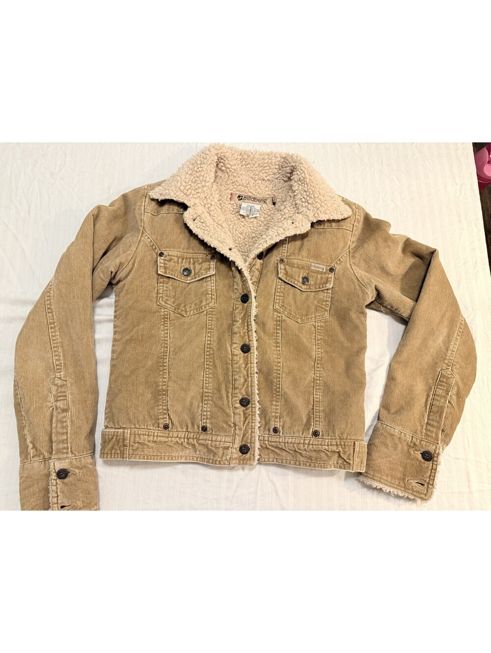Billabong Sherpa Lined Corduroy Trucker Jacket Women's M Tan Button Front